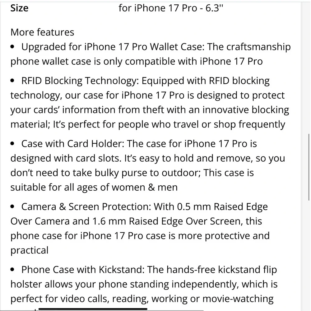 Vinich iPhone 17Pro Wallet Case Card Holder  Black RFID Blocking Shockproof‎